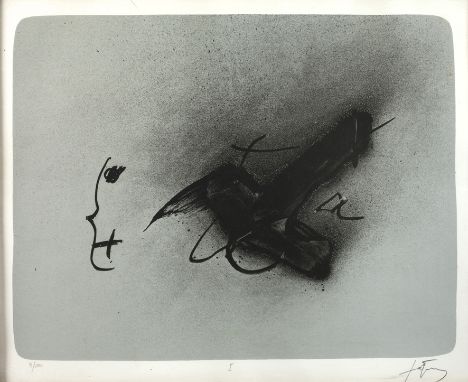 Antoni Tàpies, "Erinnerung 1"flüchtig hingeworfene Zeichnen auf türkisfarbenem Grund, Werksverzeichnis 1232, Lithographie übe