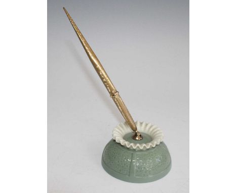 A Sheaffer's Lenox China writing set, circa 1959, with gold moire fountain pen standing in green and cream ceramic stand, wit