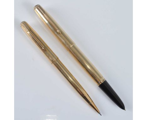 A cased Parker Signet / Insignia gold filled fountain pen and pencil set, the pen barrel engraved MADE IN USA 50, the lid eng