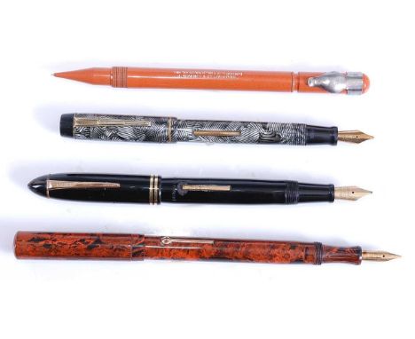 Four vintage pens, comprising a boxed Unique Pen Co Ltd fountain in silver and black striped mottled colourway with gold plat