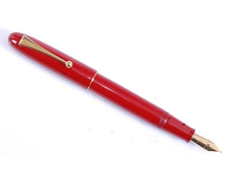 A Japanese Namiki Yukari Royal Vermilion Urushi fountain pen, in vermilion with gold fittings, the tapering cap engraved R114