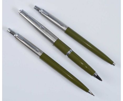 A boxed set of three Parker pens, comprising felt-tip, ballpoint and pencil, all in olive green with silver fittings, all eng