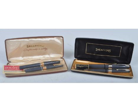 A cased Sheaffer PFM fountain pen and mechanical pencil set, in grey with silver fittings and palladium silver nib, the lid i