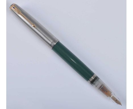 A Parker 51 double jewelled fountain pen, in Nassau Green with Lustraloy cap, having transparent demonstration hood the barre
