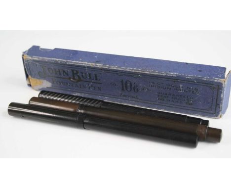 Three vintage pens, comprising a boxed John Bull eyedropper fountain pen, in black with gold nib, the barrel marked THE JOHN 