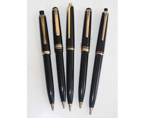Five vintage Montblanc mechanical pencils, in black with gold trim, comprising a PIX 176, PIX 25, PIX 276, PIX 376, and 251, 