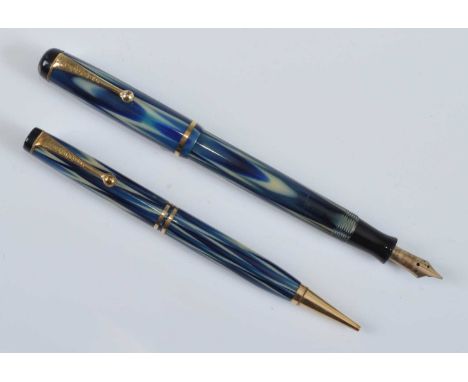 A Parker True Blue Juniorette fountain pen and pencil set, with gold plated fittings, the fountain pen barrel engraved GEO. S