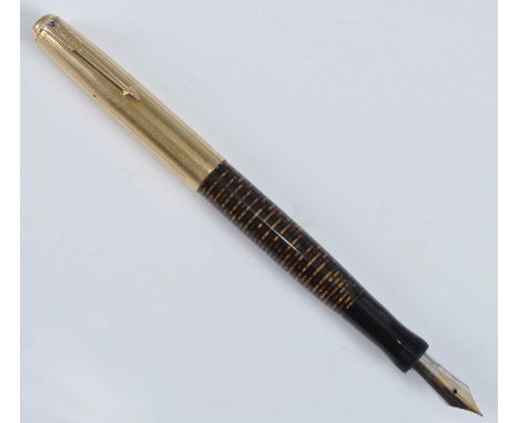 A Parker Vacuumatic Imperial Golden Pearl fountain pen with gold cap, the barrel engraved GEO. S. PARKER PARKER VACUUMATIC MA