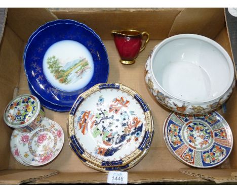 A Burslem Losolware strainer dish and stand, Spode 'Shanghai' plate, three wall plates, etc.