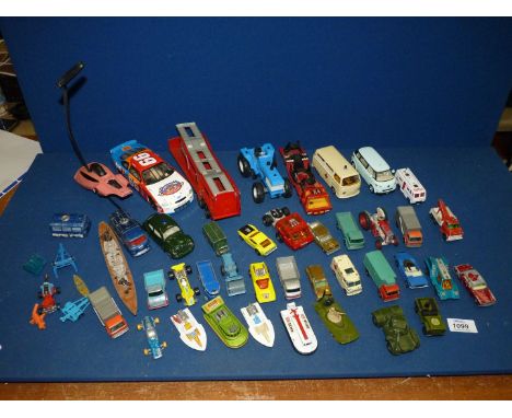 A quantity of toy cars including Matchbox, Dinky etc including Ford Tractor, submarine, Pink Panther car etc.