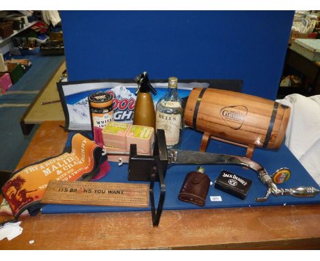A quantity of Brewerania including Grant's whisky barrel, soda syphon, 'Latino' beer pump, Brains cribbage board, beer mats, 