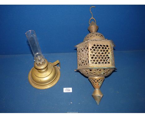 A brass Lantern and small brass chamber oil lamp.