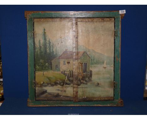 An unusual vintage hand painted Window frame and shutter featuring a cottage near lake, some old damage to the shutter, 25'' 