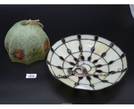 A vintage green glass octagonal shaped shade and a leaded glass uplighter shade
