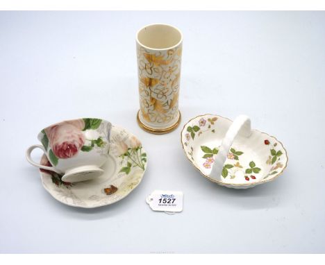 A Wedgwood "Wild Strawberry" basket, a Royal Worcester RHS roses cup and saucer and a vintage Wedgwood cylindrical Vase decor