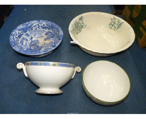 Four bowls including Ridgways 'Cornflower', Royal Worcester 'Lichfield' footed bowl, green and white wash bowl and Copeland S