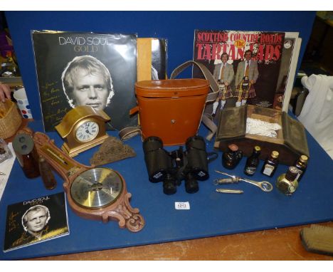 A quantity of miscellanea including a pair of cased Zenith 10 x 50 Binoculars, ARP whistle, barometer, miniature bottles, etc