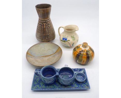 A small quantity of pottery to include; a tray, milk jug and sugar bowl in blue, Honiton jug, brown vase, etc.