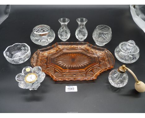 A quantity of cut glass to include; tear drop bud vases, Cascade rose bowl, sugar bowl, sweet dish, flower clock, perfume dis