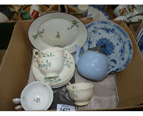 A vintage blue &amp; white Teapot with pewter lid, part tea set (hand painted) with 5 cups &amp; saucers and two side plates 