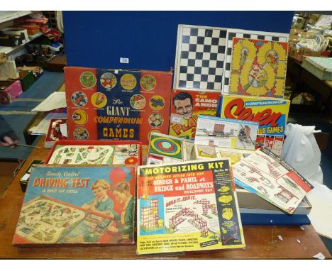 A quantity of games including 'The Eamonn Andrews Playbox', 'Giant Compendium of Games', Pocket dominoes, Chad Valley buildin