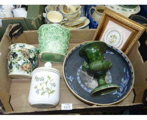 A quantity of china to include; a green Sylvac jardiniere, Dartmouth urn, Spode lidded pot, framed Royal Crown Derby plaque, 