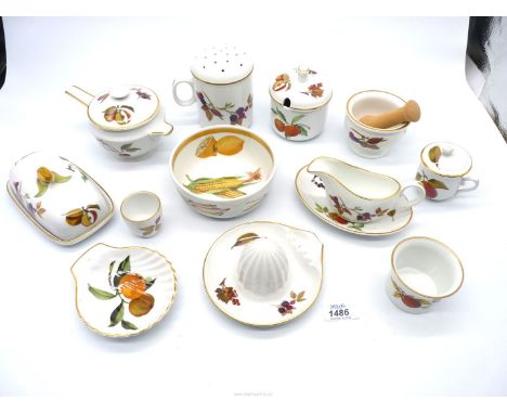 A quantity of Royal Worcester 'Evesham' china including flour sifter, lemon squeezer, pestle and mortar, small sauce boat and