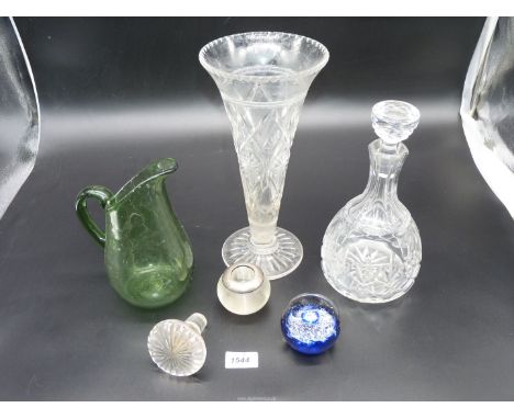 A cut glass Decanter tall glass vase green glass jug, Selkirk paperweight etc.