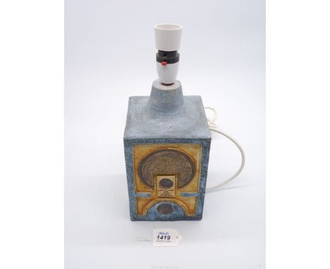 A Troika Pottery lamp base by Tina Doubleday in blue ground, (large chip to one side), signed to base, 5'' square x 9'' tall.