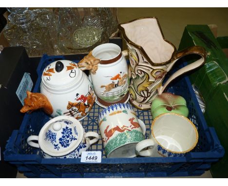 A Fox &amp; Hound teapot and jug, Wade 'Gothic' jug, salt &amp; pepper in shape of an apple, pair of Moorland Staffordshire m