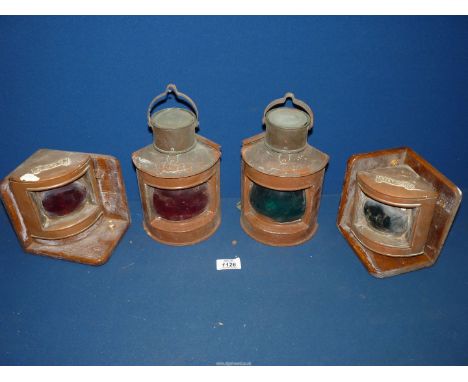 A pair of vintage boat port/starboard electric Lights with red glass and carrying handles plus a pair of ship's Lanterns conv