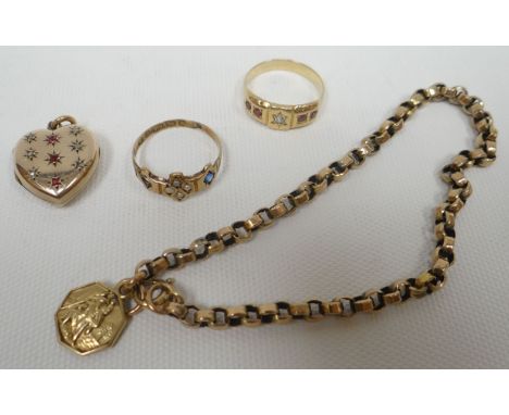 A parcel of yellow metal / 9ct yellow gold jewellery including two gemstone rings, St Christopher pendant and chain etc, tota