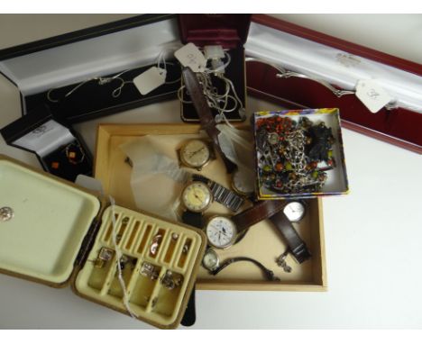A parcel of mixed jewellery including silver necklace with embroidery tool charms, a modern silver necklace, nine assorted ea