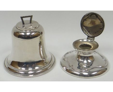 A novelty inkwell in the form a ship's bell, the hinged lid with angular handle and concealing glass-liner, Birmingham 1910 (