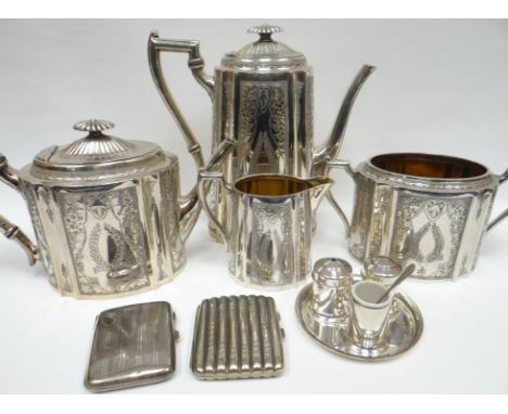 A silver cigarette cigarette case and another, a bright cut EPNS four-piece tea-service, an EPNS three piece condiment set