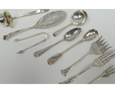 A parcel of mixed silver flatware including tasting spoon, small fish slice and matching fork, 4.95ozs etc