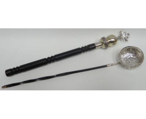 An early nineteenth century silver punch ladle, with floral decorated silver bowl and initials to a cartouche, mounted to a l
