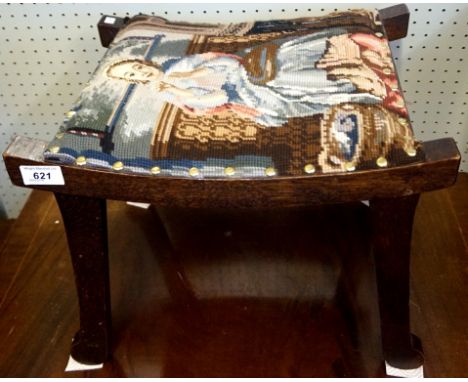 An oak framed tapestry topped stool