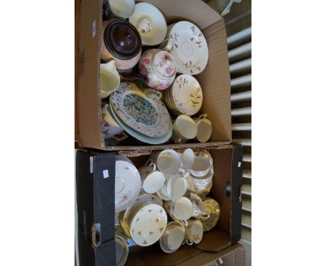 Two boxes of 19th Century and later ceramics to include a part dinner service, and a fine bone china tea service.