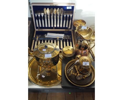 A collection of various Eastern metalware to include silver-plated canteen of fish knives and forks, brass teapot and stand, 