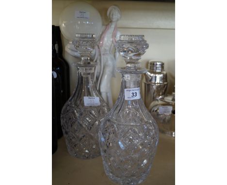 A mixed lot of ceramics and glass to include a pair of fine quality decanters, a further decanter and a modern lamp depicting