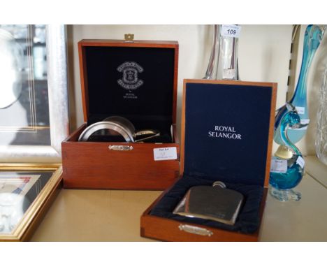 A modern cased pewter tankard made by Crown &amp; Rose fitted in original box, together with a Selangor hip flask.