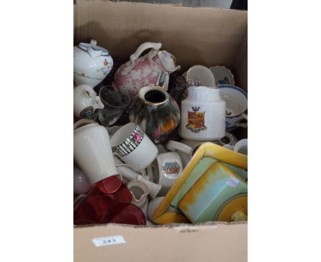 A mixed lot of assorted ceramics to include Shelley Harmony butter dish and cover, a mother of pearl vanity case, crested war