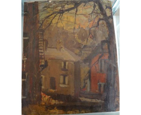 Geoffrey Dadew (Northern Art) 'Red House' Upper Mill oil on panel.