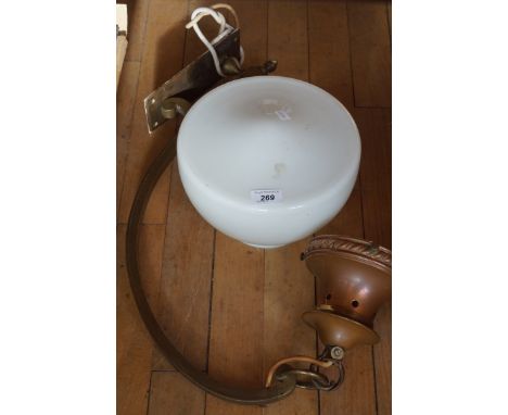 An Arts & Crafts style hanging wall light with milk glass shade.