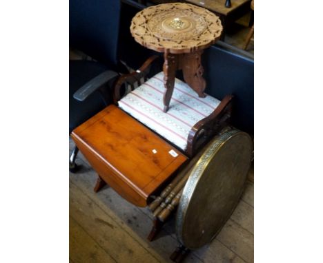 A mixed lot to include a piano stool, a yew wood drop leaf coffee table, a brass topped folding benayres table and a hardwood