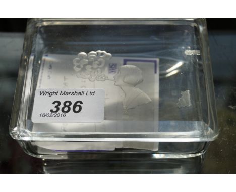 A Baccarat glass dressing table box and cover of rectangular form, having etched decoration of a girl smoking, length 11cm (c