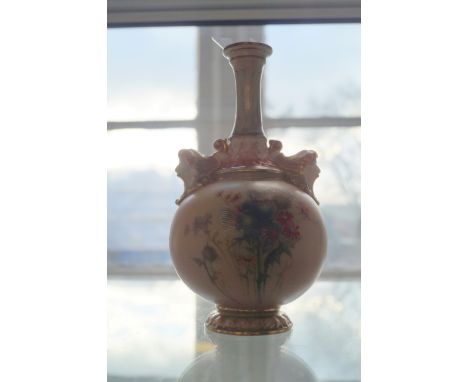 A Royal Worcester blush ivory hand painted vase decorated with thistles (old restoration to neck)