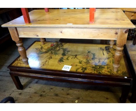 A reproduction Japaned rectangular coffee table together with a pine coffee table.