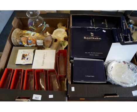 Two boxes of assorted ceramics and glassware to include a Royal Doulton tea service, a Radford relief decorated jug, etc.